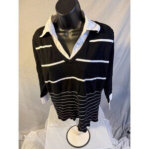 Womens XL Black White Preppy‎ Sweater Collared Vneck Cozy Fall Vibes